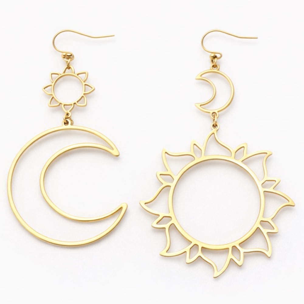 Gold Sun & Moon Celestial Mismatched Earrings Boho Astrology Statement Jewelry - Picture 3 of 3